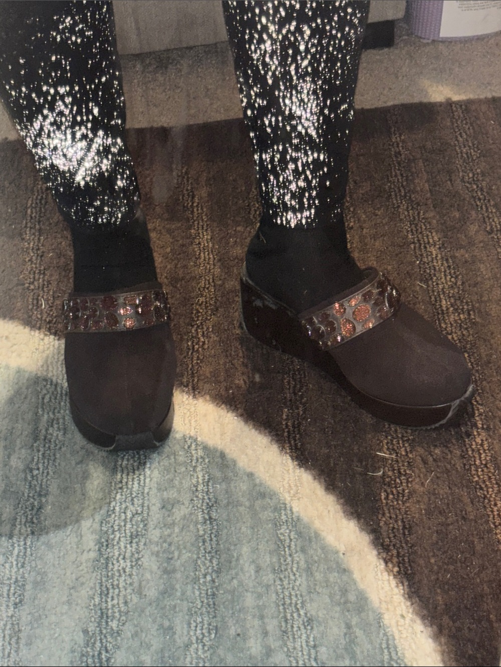 Women's Brown Suede Slip-On Clogs with Embellishment.